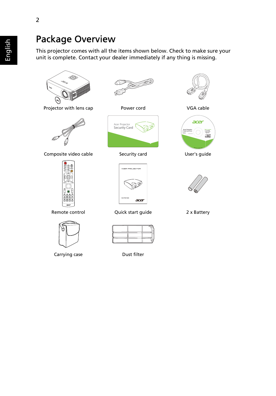 Package overview | Acer P7500 User Manual | Page 12 / 61