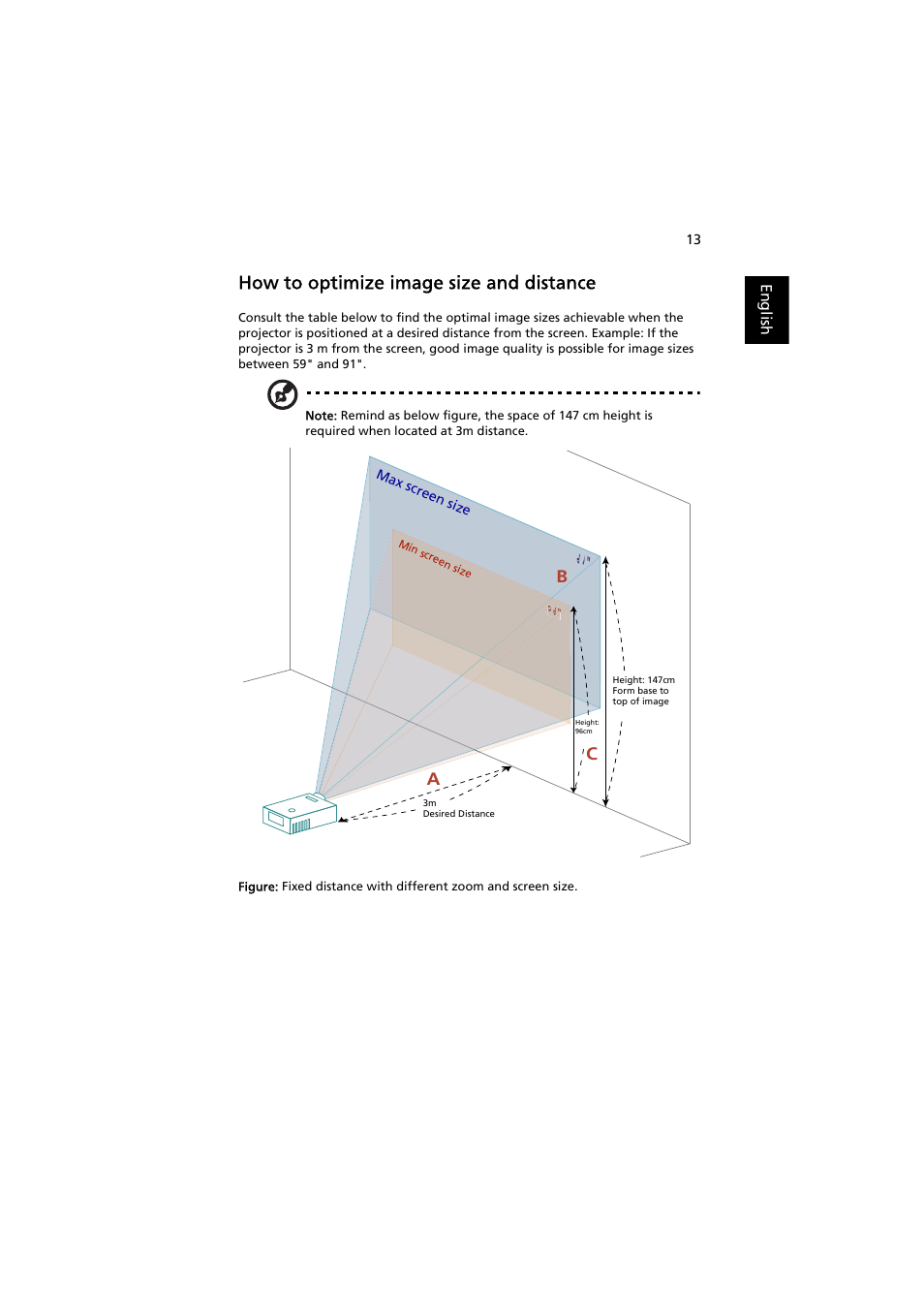 How to optimize image size and distance, Ac b | Acer P7500 User Manual | Page 23 / 61