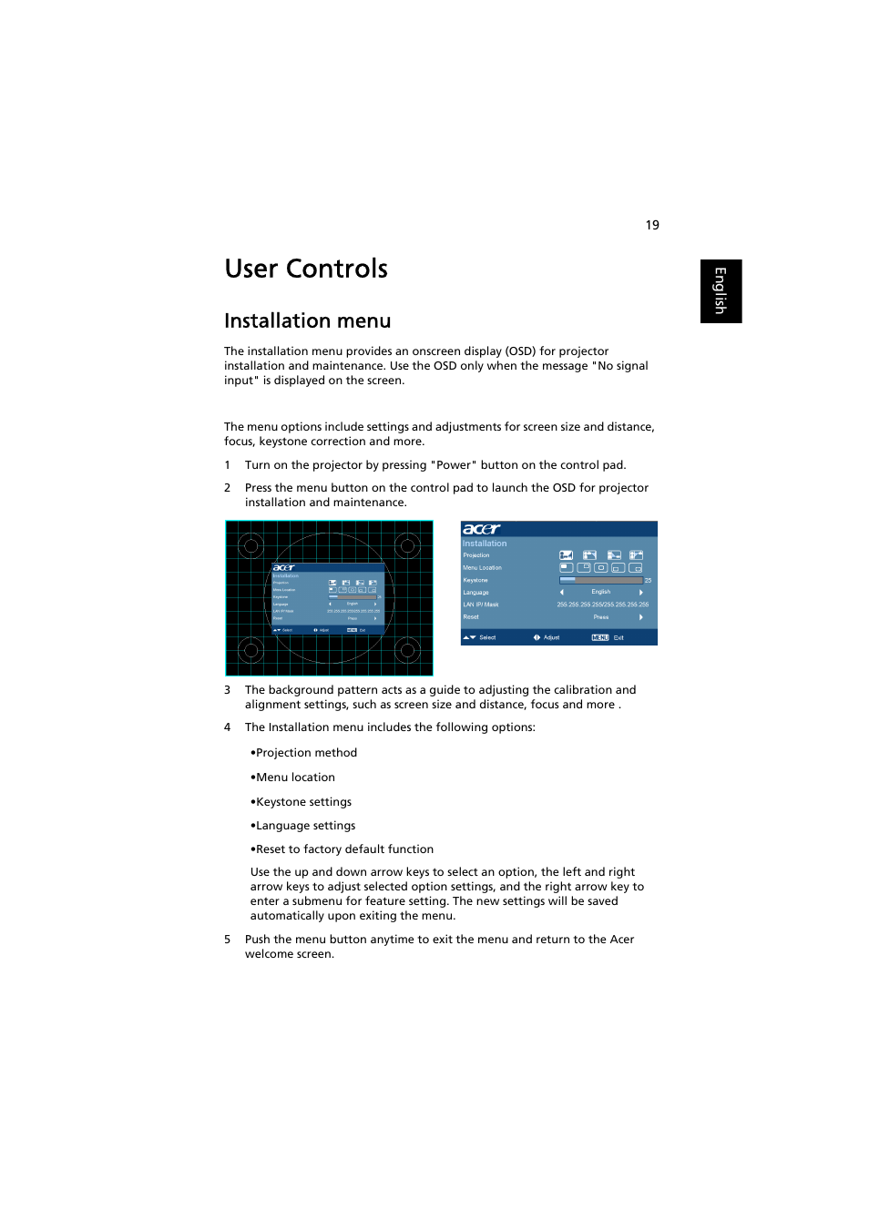 User controls, Installation menu | Acer P7500 User Manual | Page 30 / 61