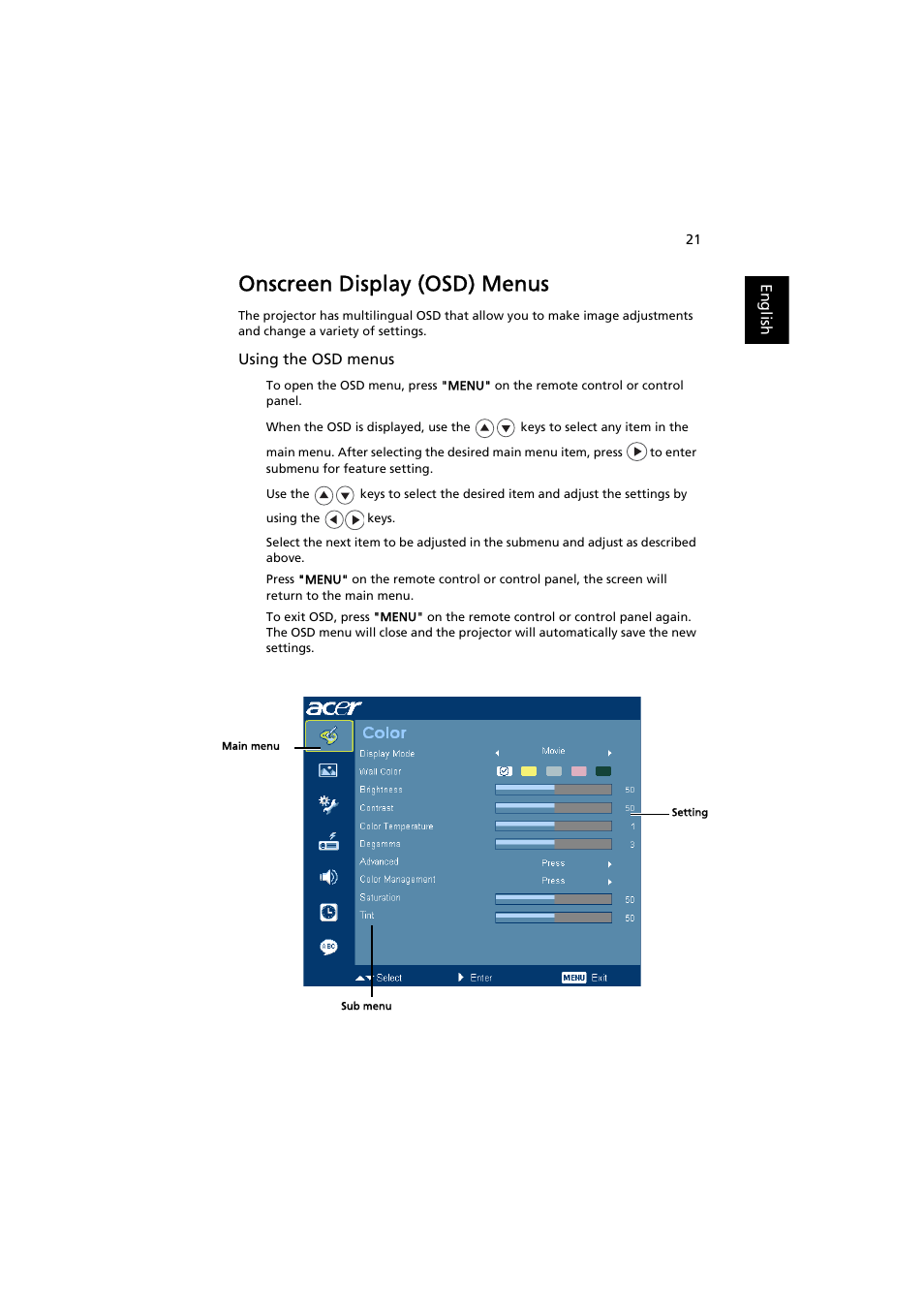 Onscreen display (osd) menus | Acer P7500 User Manual | Page 32 / 61