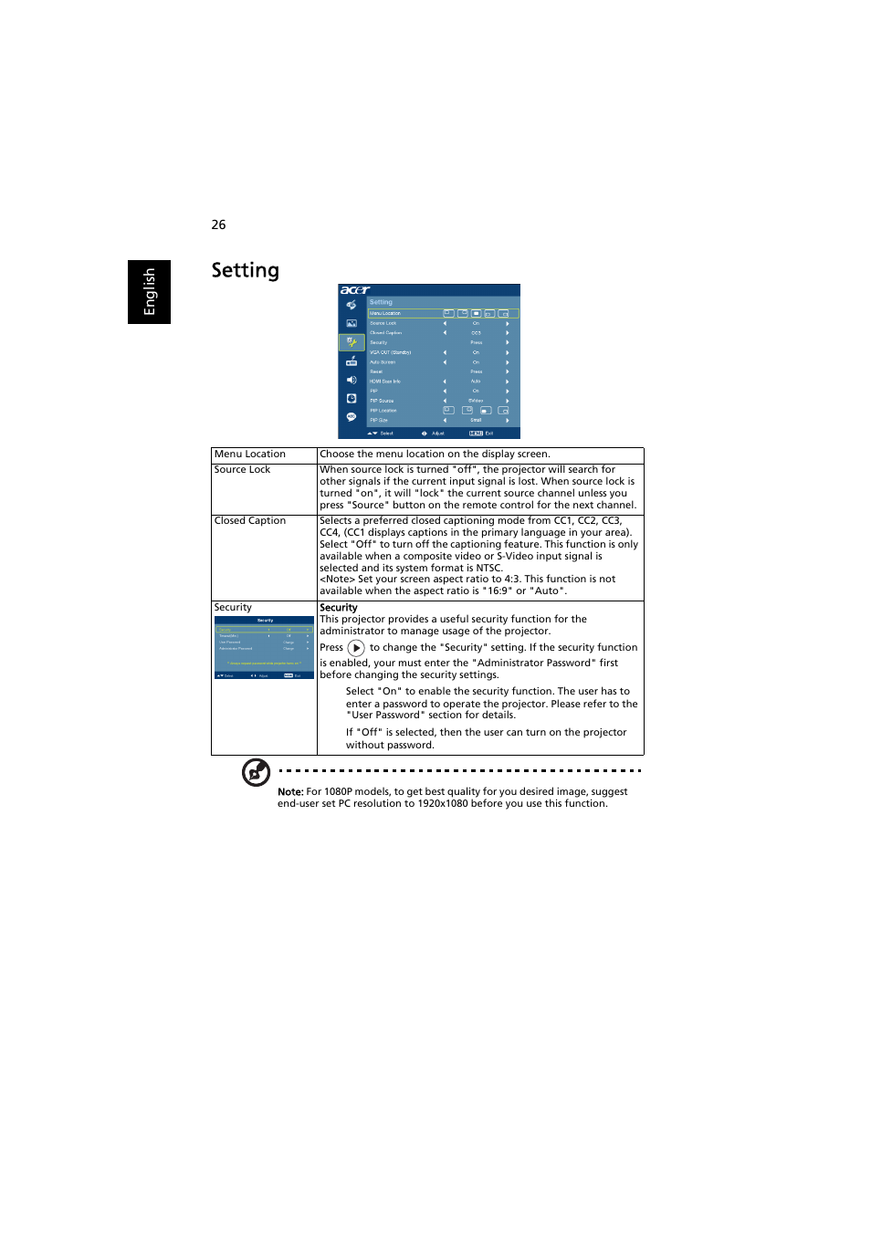 Setting | Acer P7500 User Manual | Page 37 / 61