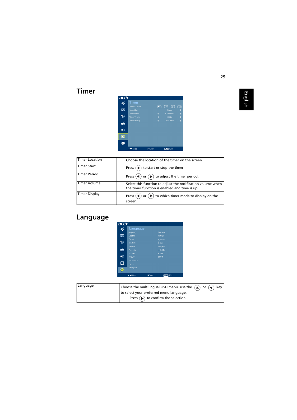 Timer, Language, Timer language | Acer P7500 User Manual | Page 40 / 61