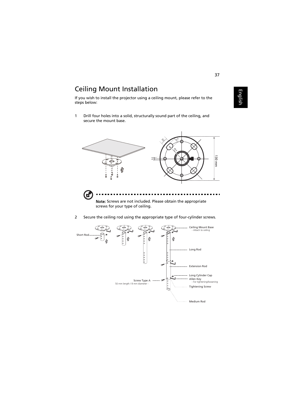 Ceiling mount installation, English | Acer P7500 User Manual | Page 48 / 61