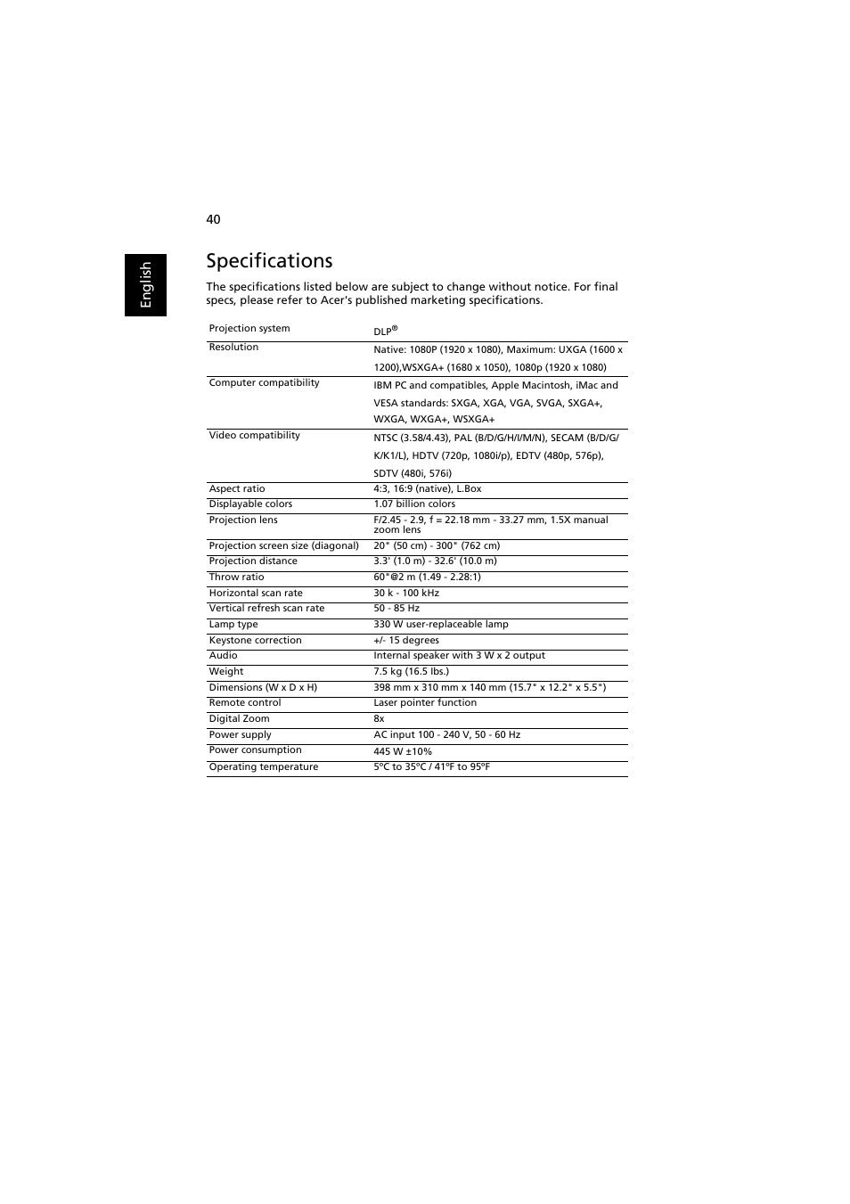 Specifications, En gl ish | Acer P7500 User Manual | Page 51 / 61