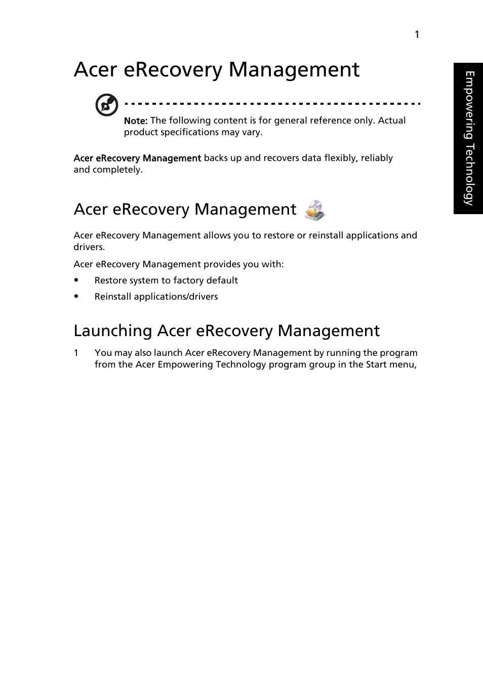 Acer erecovery management, Launching acer erecovery management | Acer AOA150 User Manual | Page 19 / 52