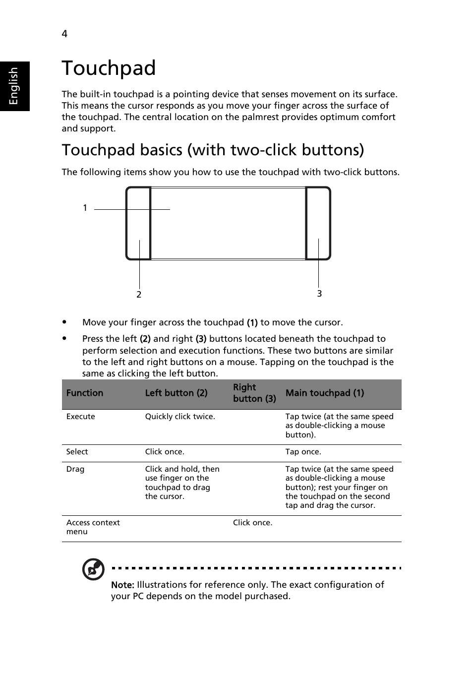 Touchpad, Touchpad basics (with two-click buttons) | Acer AOA150 User Manual | Page 22 / 52