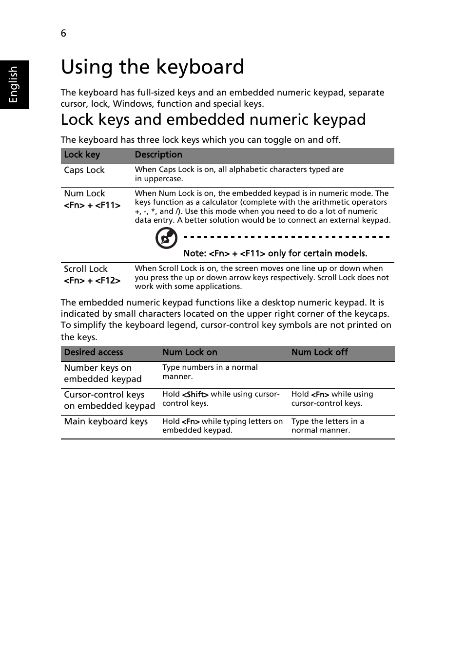 Using the keyboard, Lock keys and embedded numeric keypad | Acer AOA150 User Manual | Page 24 / 52