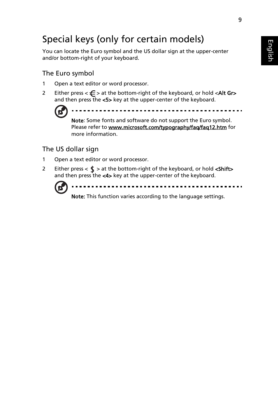 Special keys (only for certain models) | Acer AOA150 User Manual | Page 27 / 52
