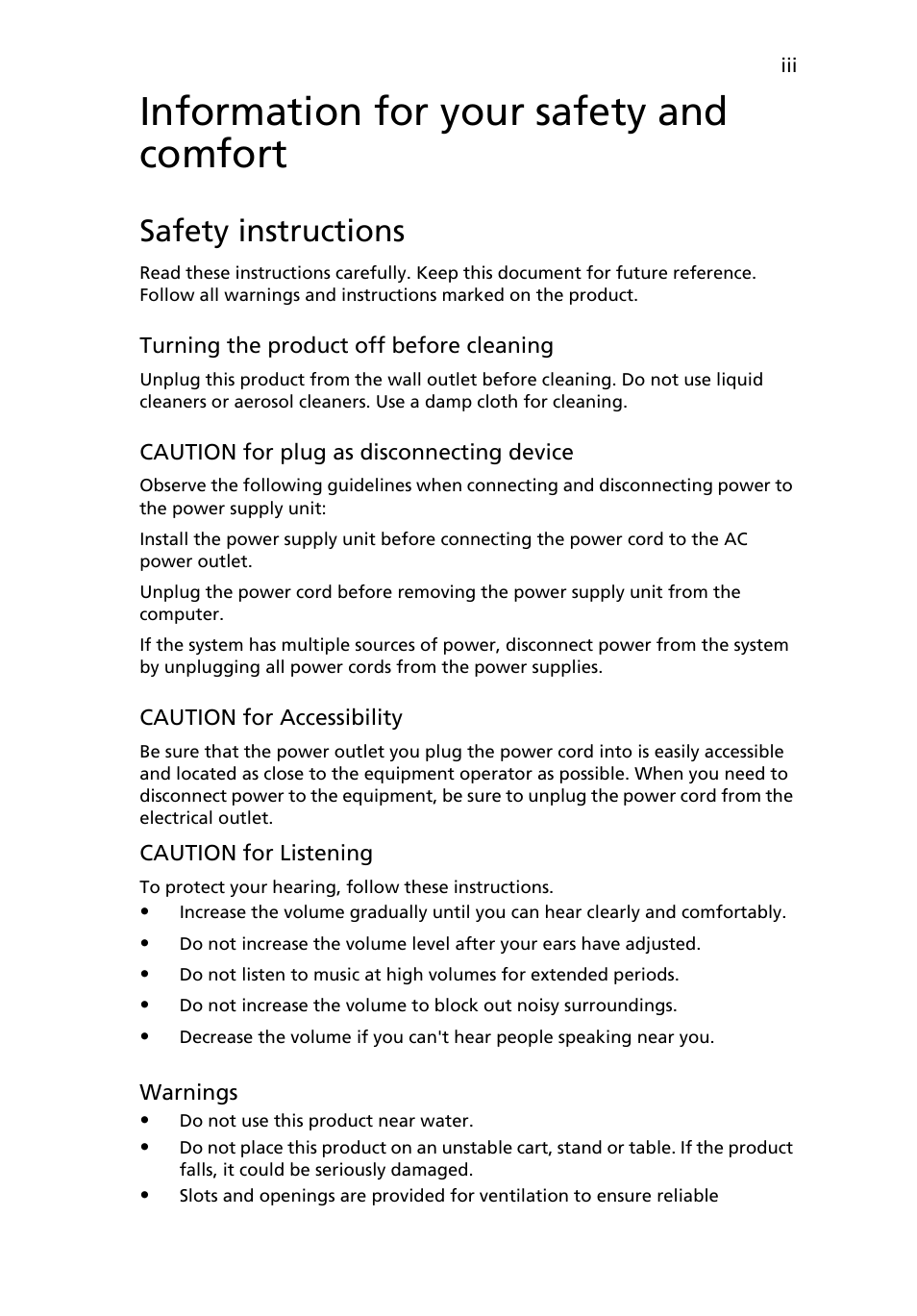 Information for your safety and comfort, Safety instructions | Acer AOA150 User Manual | Page 3 / 52