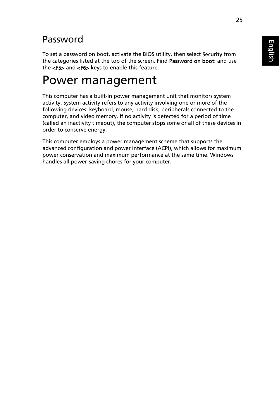 Power management, Password | Acer AOA150 User Manual | Page 43 / 52