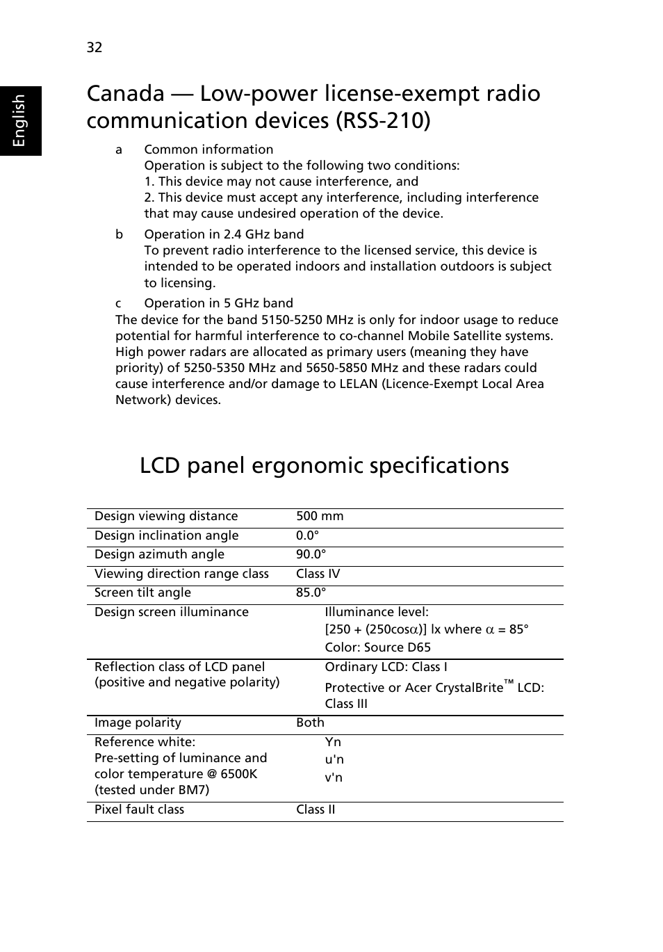 Lcd panel ergonomic specifications | Acer AOA150 User Manual | Page 50 / 52