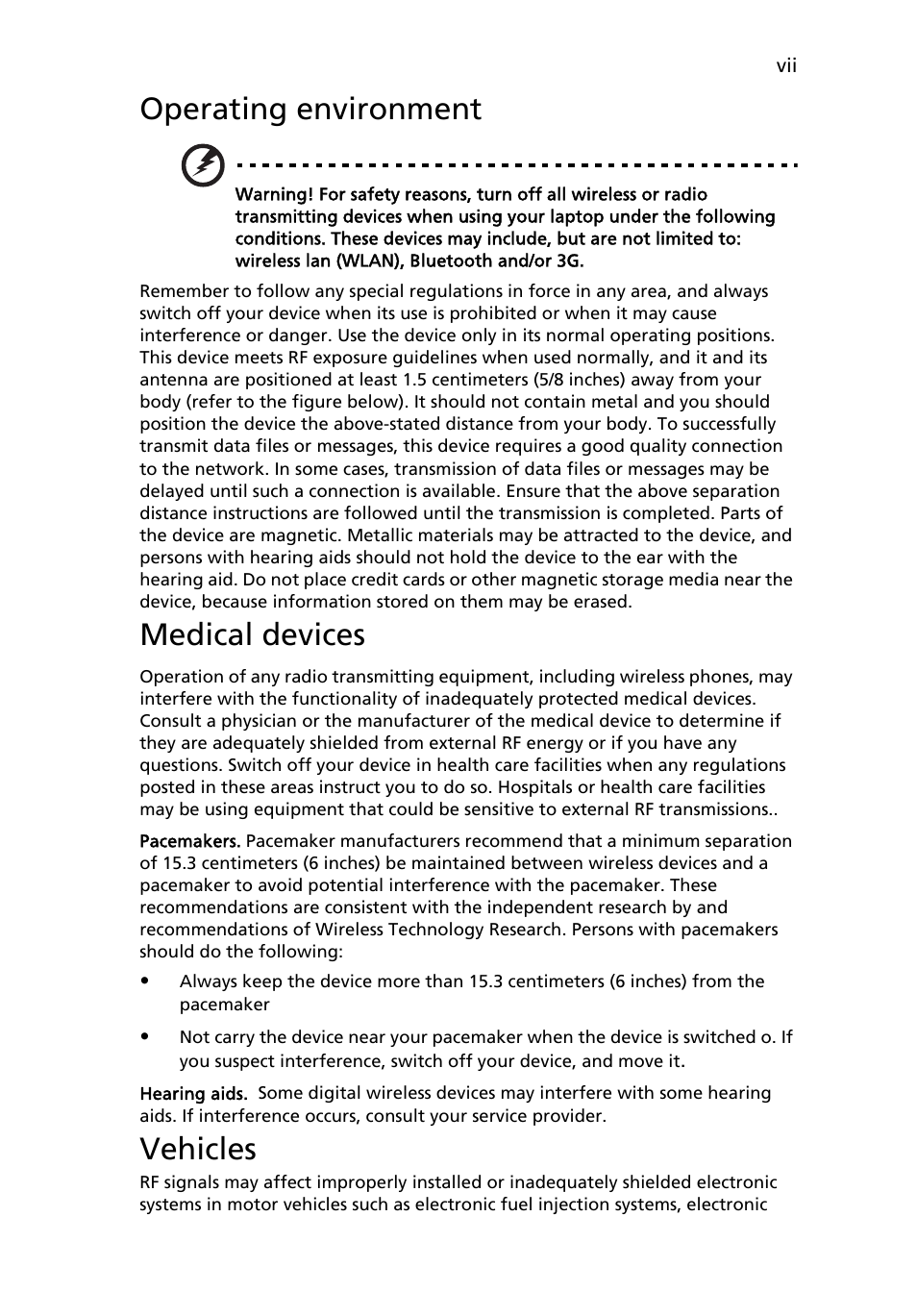 Operating environment, Medical devices, Vehicles | Acer AOA150 User Manual | Page 7 / 52