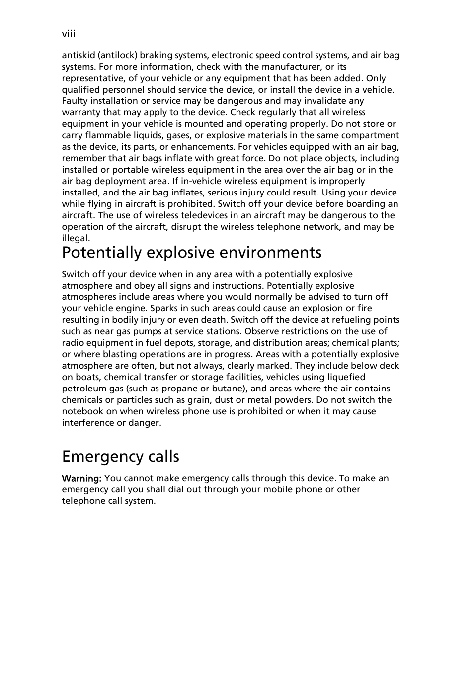 Potentially explosive environments, Emergency calls | Acer AOA150 User Manual | Page 8 / 52