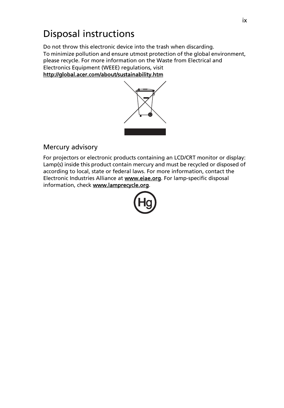Disposal instructions | Acer AOA150 User Manual | Page 9 / 52