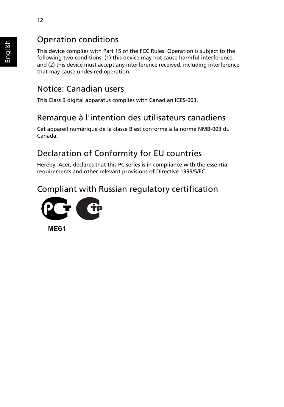 Operation conditions, Notice: canadian users, Remarque à l'intention des utilisateurs canadiens | Declaration of conformity for eu countries, Compliant with russian regulatory certification | Acer Aspire Z5801 User Manual | Page 22 / 29