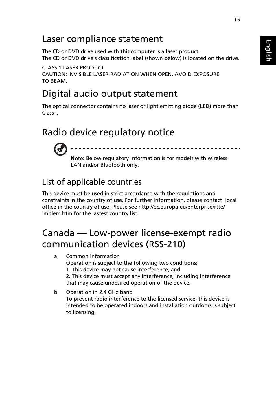 Laser compliance statement, Digital audio output statement, Radio device regulatory notice | List of applicable countries | Acer Aspire Z5801 User Manual | Page 25 / 29