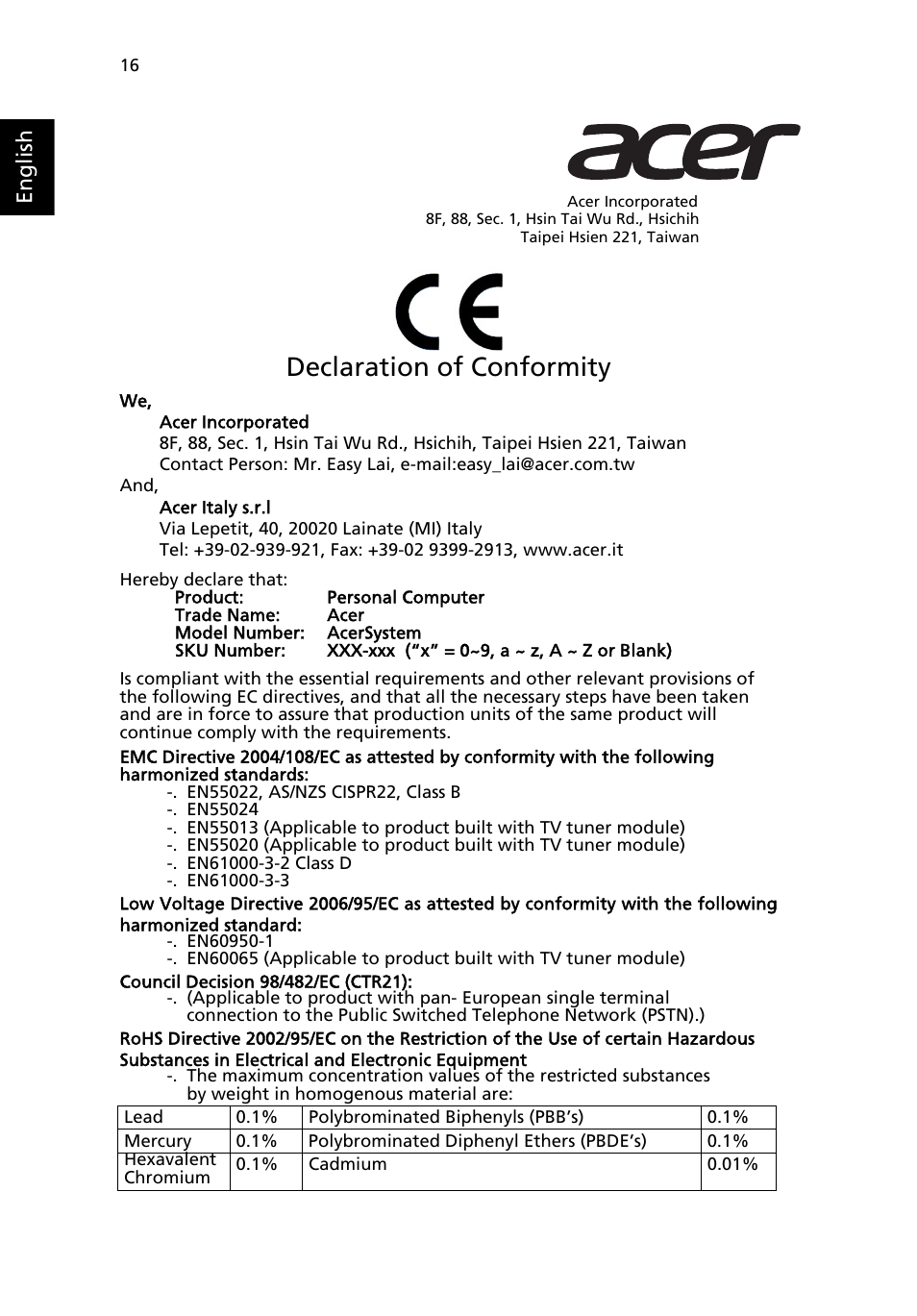 Declaration of conformity, Englis h | Acer Aspire Z5801 User Manual | Page 26 / 29