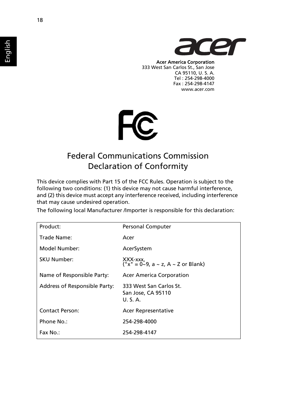 Federal communications commission, Englis h | Acer Aspire Z5801 User Manual | Page 28 / 29