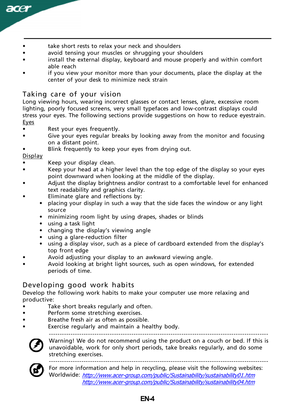 En-4, Taking care of your vision, Developing good work habits | Acer A231H User Manual | Page 5 / 23