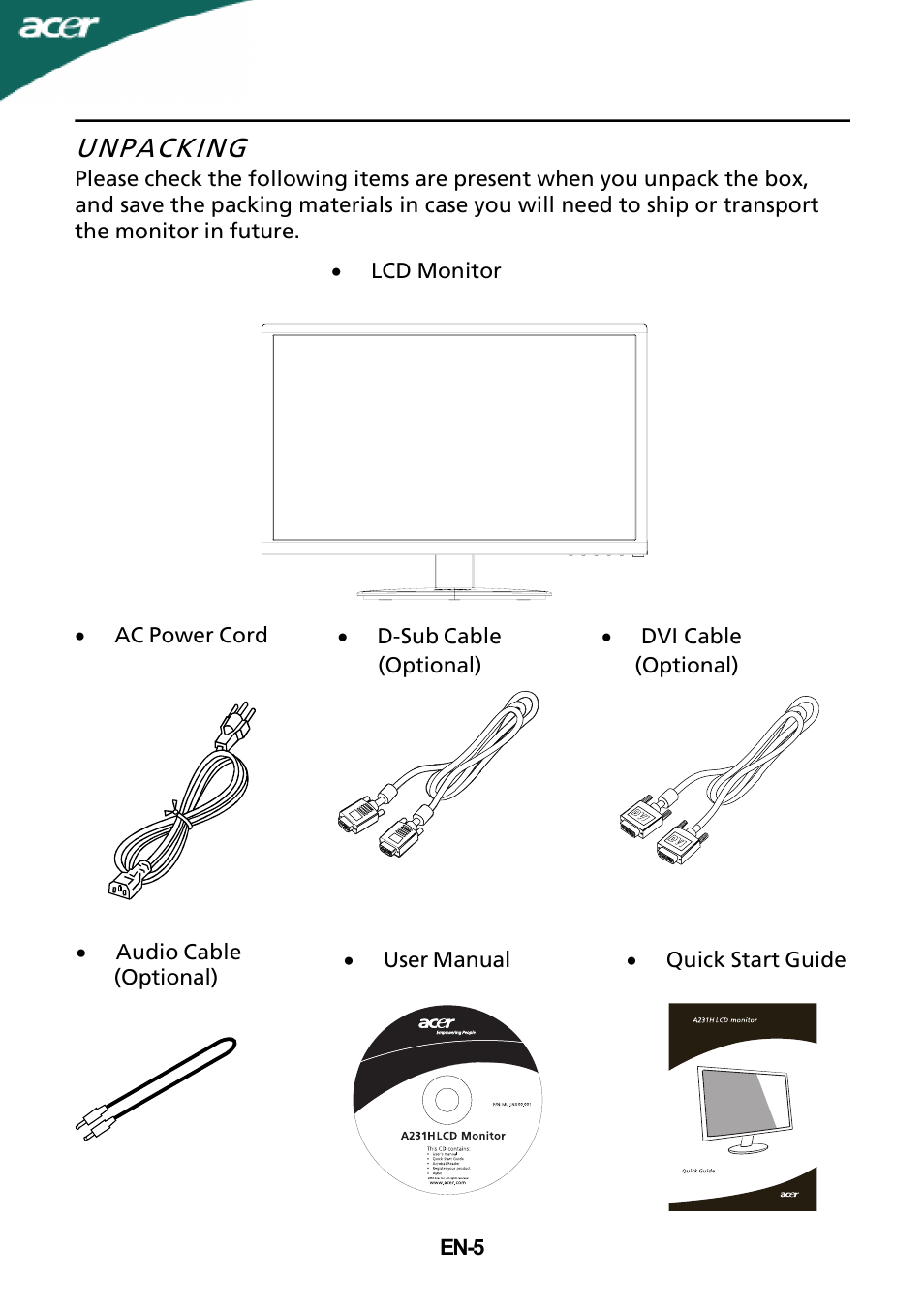 Unpacking | Acer A231H User Manual | Page 7 / 23