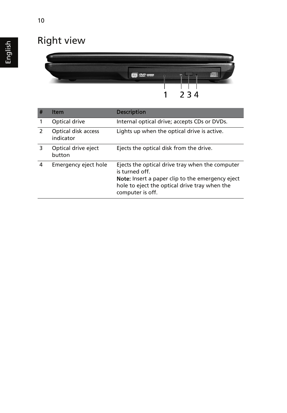 Right view | Acer Extensa 5630 User Manual | Page 10 / 14