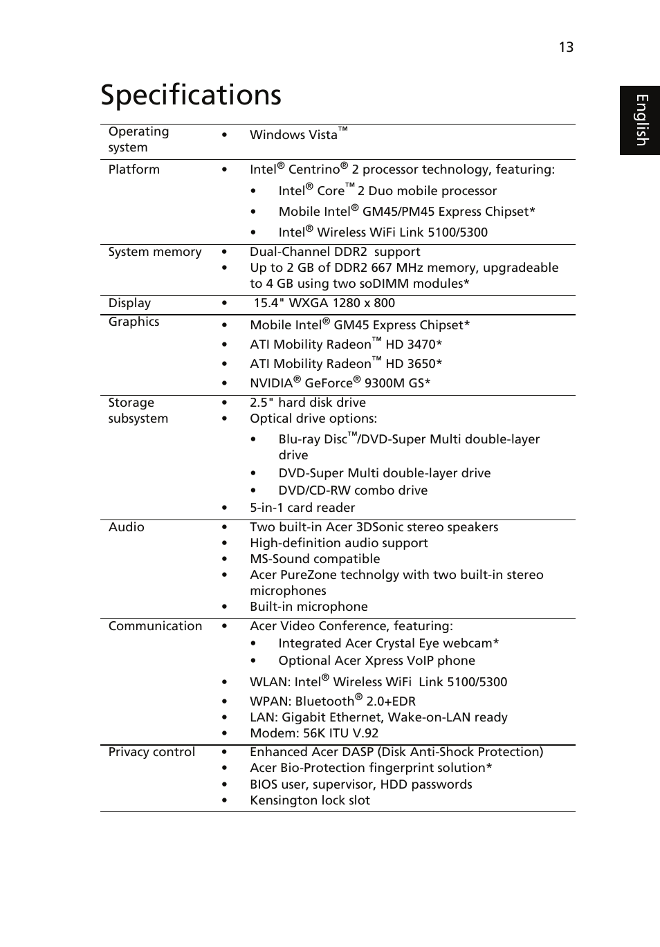 Specifications, Eng lis h | Acer Extensa 5630 User Manual | Page 13 / 14