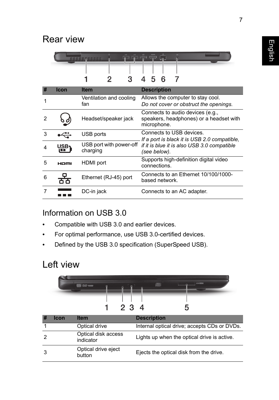 Rear view, Left view, Information on usb 3.0 | Acer Aspire M3-581T User Manual | Page 7 / 11