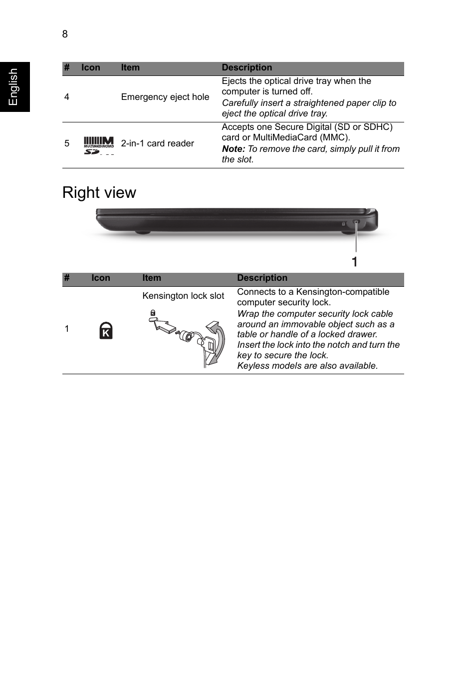 Right view | Acer Aspire M3-581T User Manual | Page 8 / 11