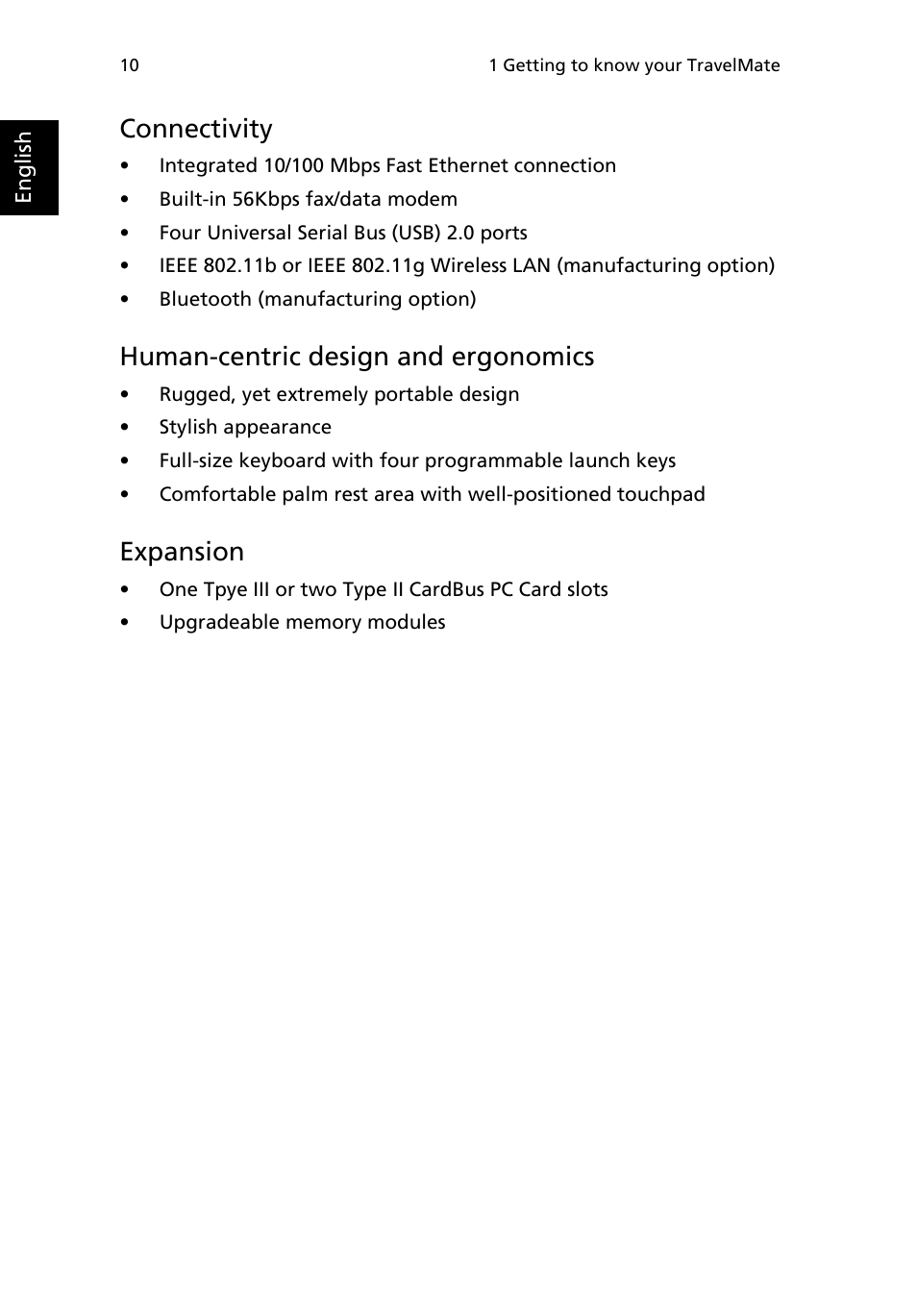 Connectivity, Human-centric design and ergonomics, Expansion | Acer TravelMate 2500 User Manual | Page 18 / 78