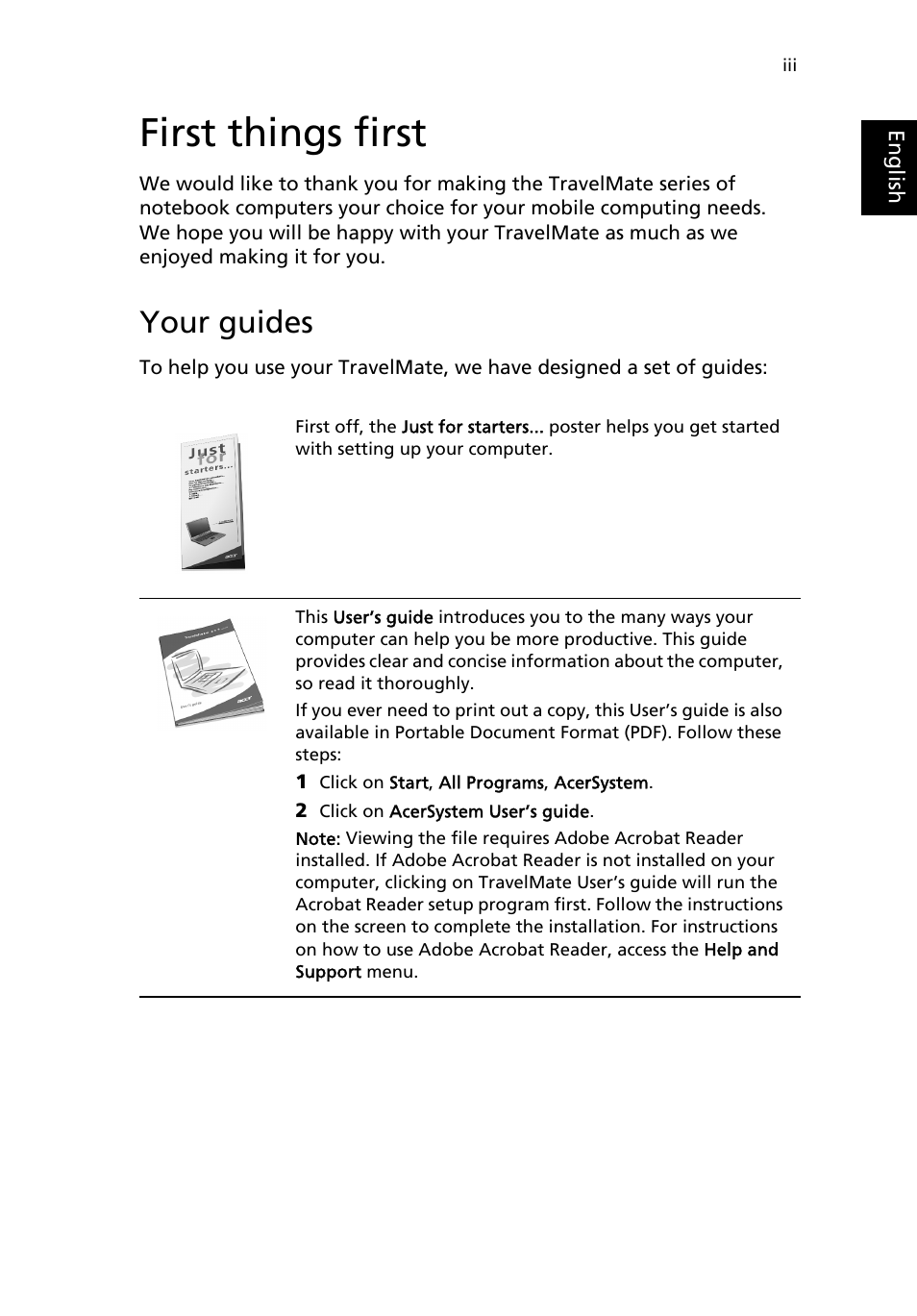 First things first, Your guides | Acer TravelMate 2500 User Manual | Page 3 / 78