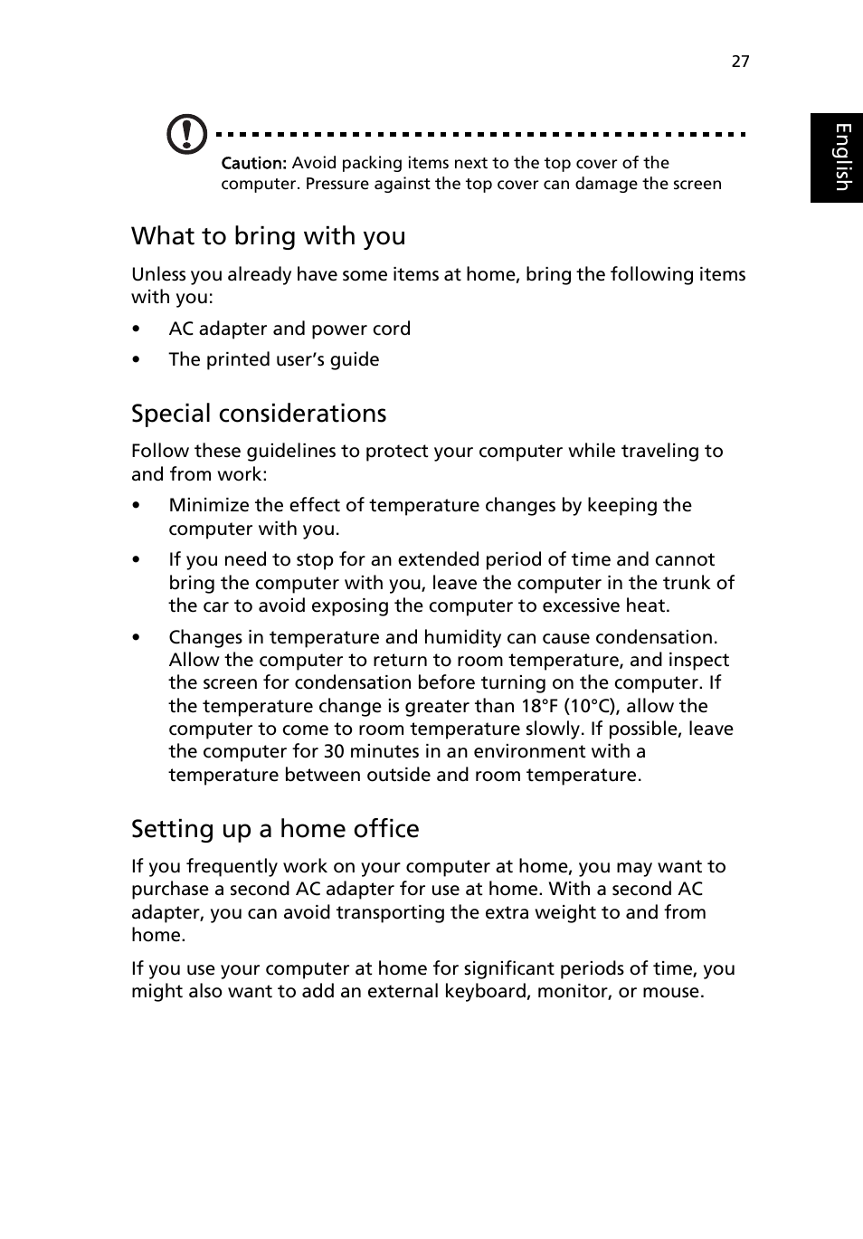 What to bring with you, Special considerations, Setting up a home office | Acer TravelMate 2500 User Manual | Page 35 / 78