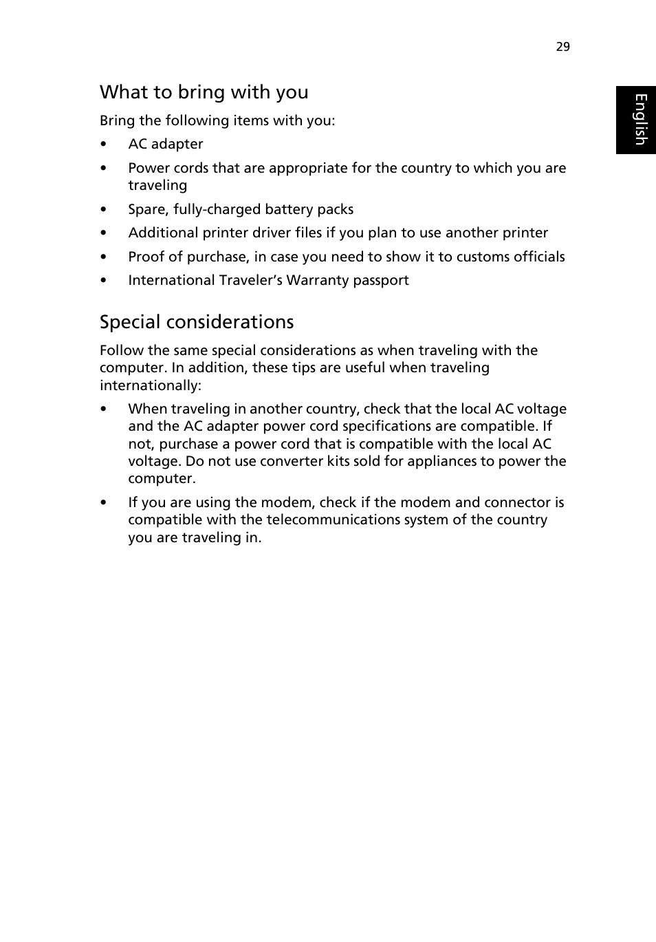 What to bring with you, Special considerations | Acer TravelMate 2500 User Manual | Page 37 / 78