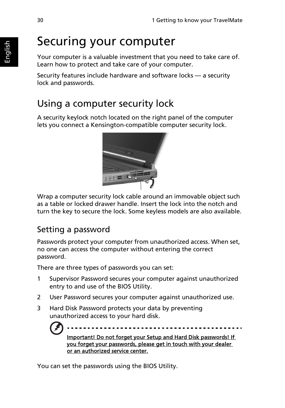 Securing your computer, Using a computer security lock, Setting a password | Acer TravelMate 2500 User Manual | Page 38 / 78