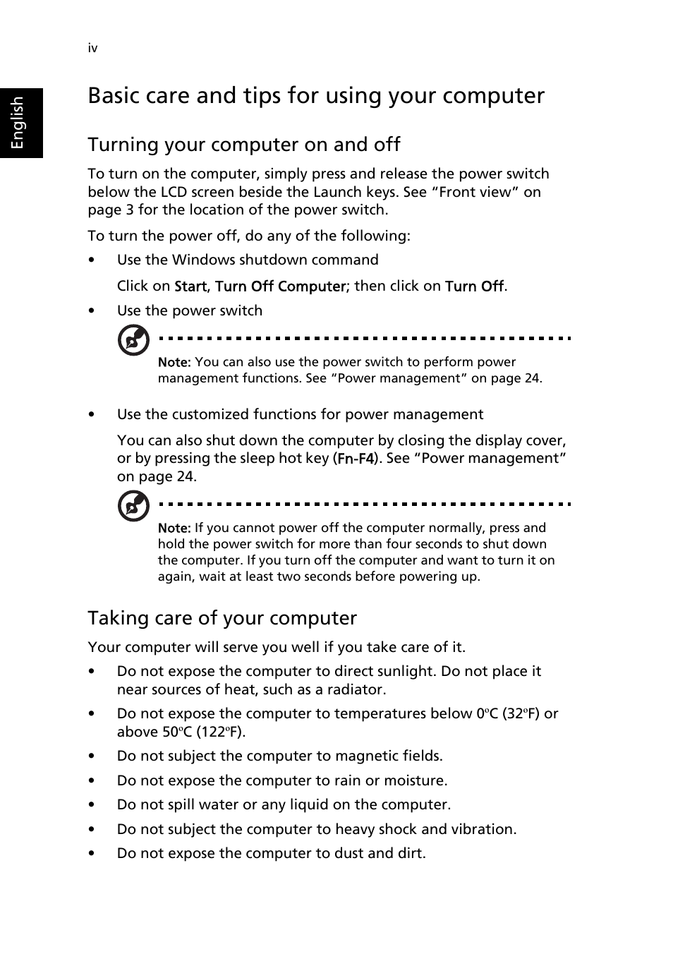 Basic care and tips for using your computer, Turning your computer on and off, Taking care of your computer | Acer TravelMate 2500 User Manual | Page 4 / 78