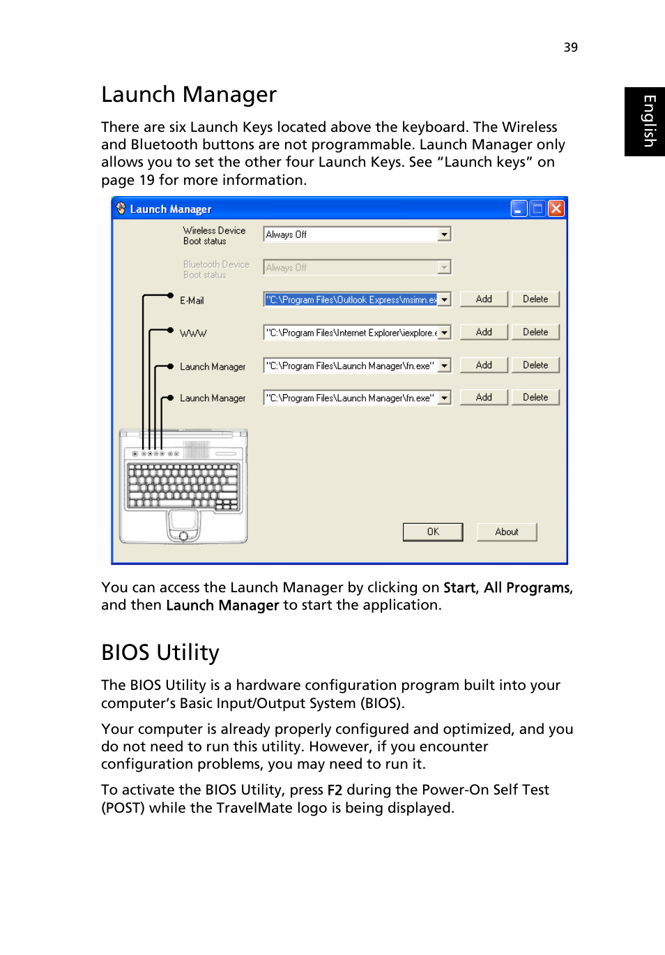 Launch manager, Bios utility | Acer TravelMate 2500 User Manual | Page 47 / 78