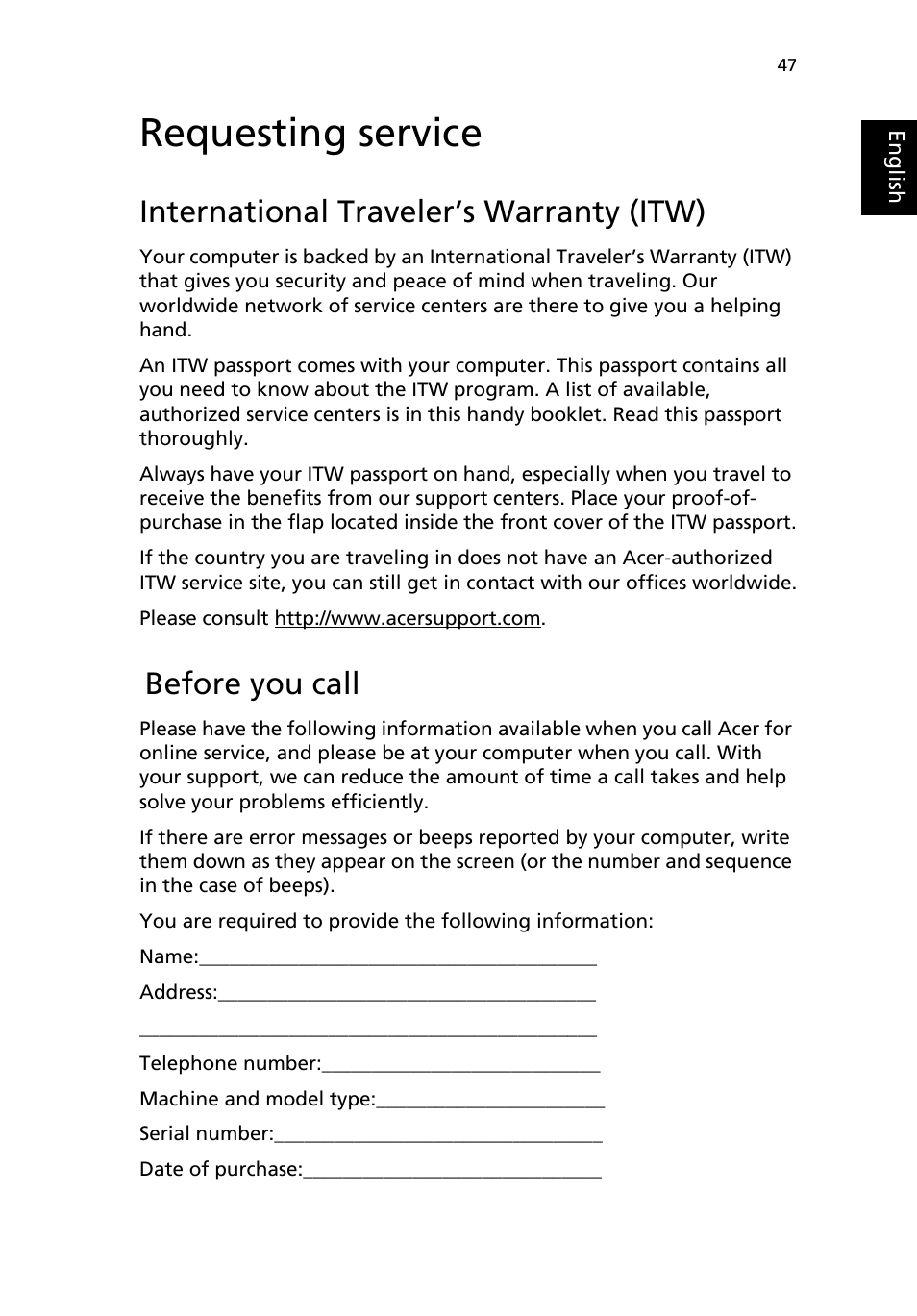 Requesting service, International traveler’s warranty (itw), Before you call | Acer TravelMate 2500 User Manual | Page 55 / 78