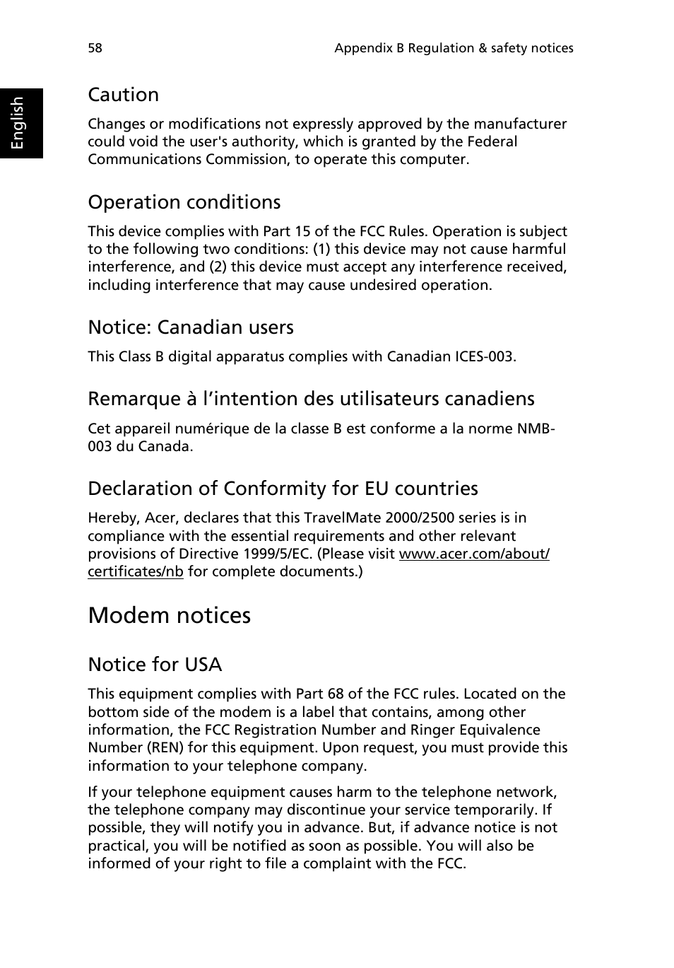 Modem notices, Caution, Operation conditions | Notice: canadian users, Remarque à l’intention des utilisateurs canadiens, Declaration of conformity for eu countries, Notice for usa | Acer TravelMate 2500 User Manual | Page 66 / 78