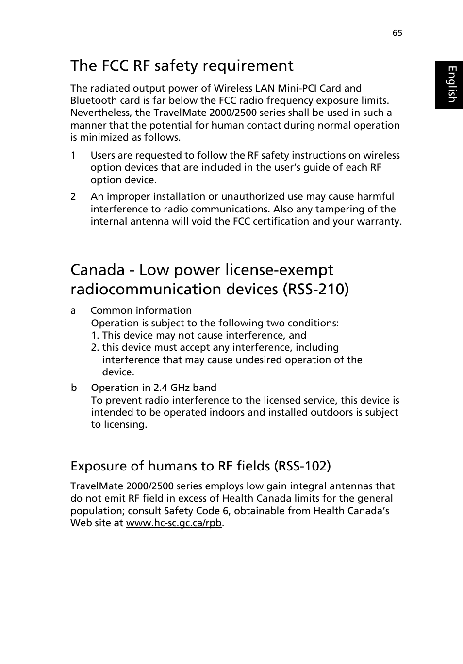 The fcc rf safety requirement, Exposure of humans to rf fields (rss-102) | Acer TravelMate 2500 User Manual | Page 73 / 78