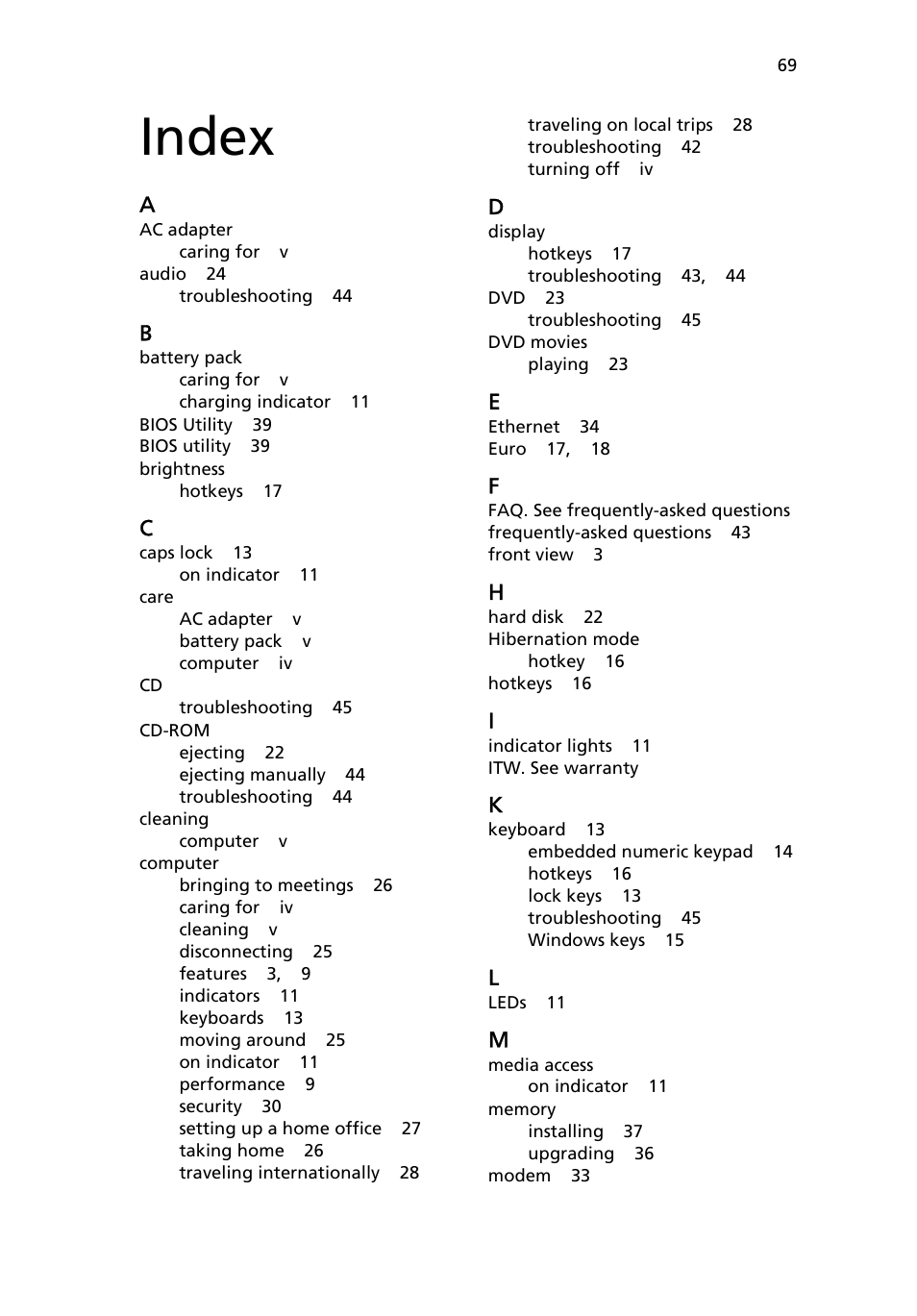 Index | Acer TravelMate 2500 User Manual | Page 77 / 78