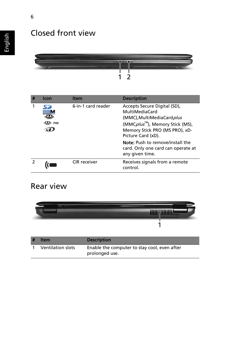 Closed front view, Rear view, Closed front view rear view | Acer Aspire 8730 User Manual | Page 6 / 12