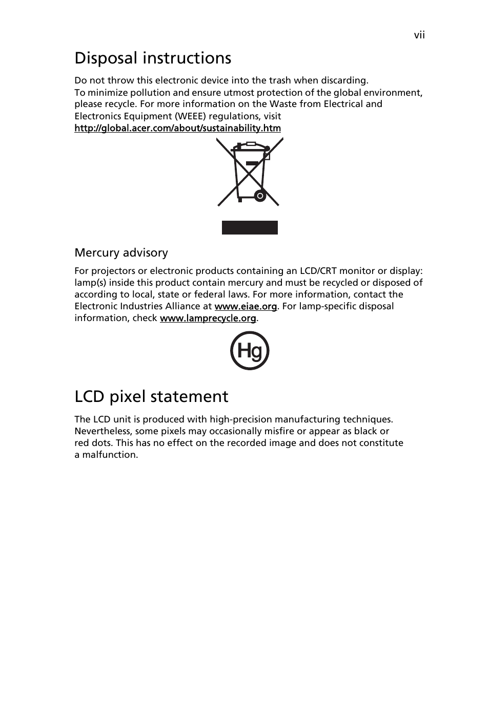 Disposal instructions, Lcd pixel statement | Acer V203HV User Manual | Page 7 / 28