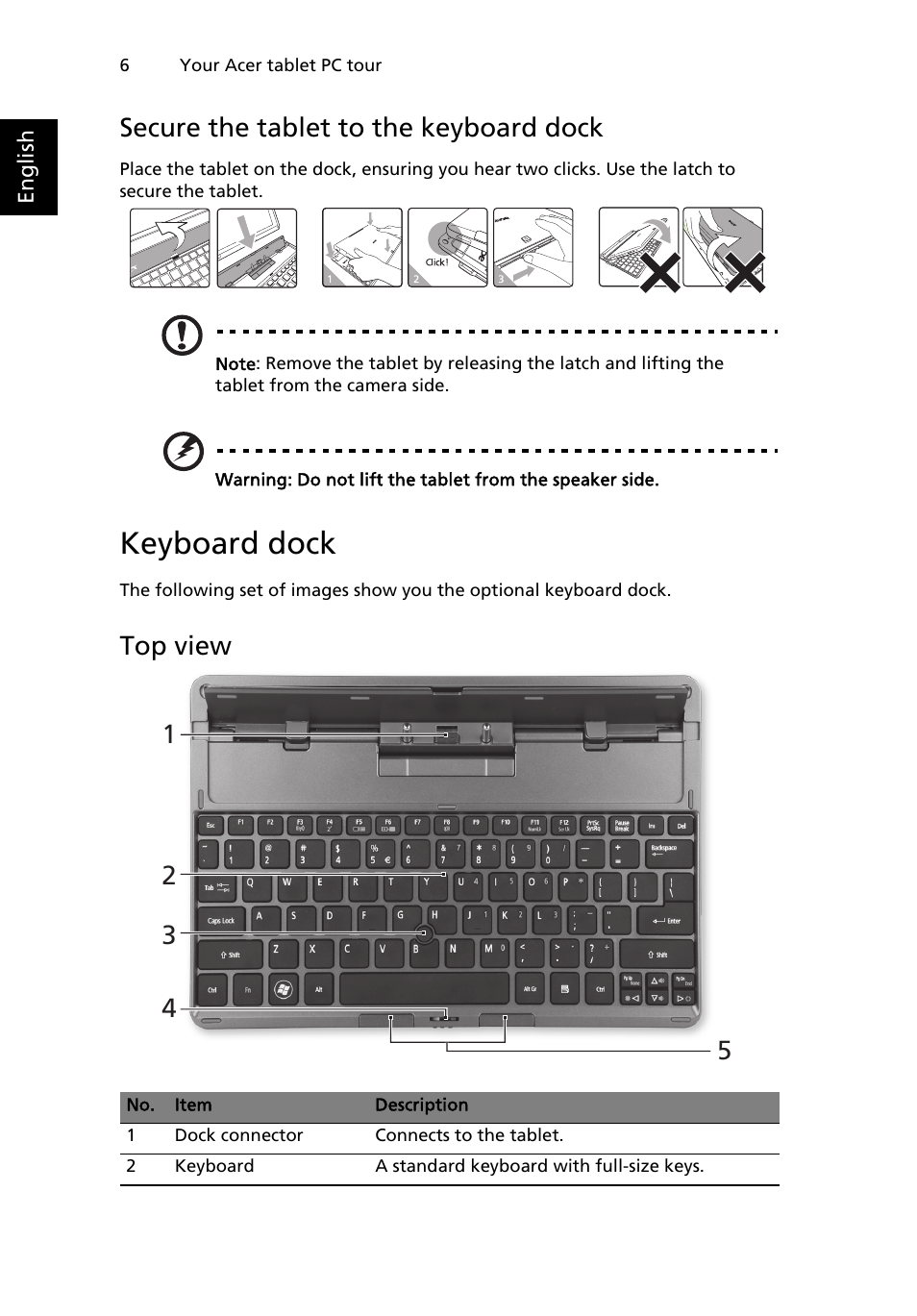 Keyboard dock, Secure the tablet to the keyboard dock, Top view | Acer W500P User Manual | Page 10 / 32