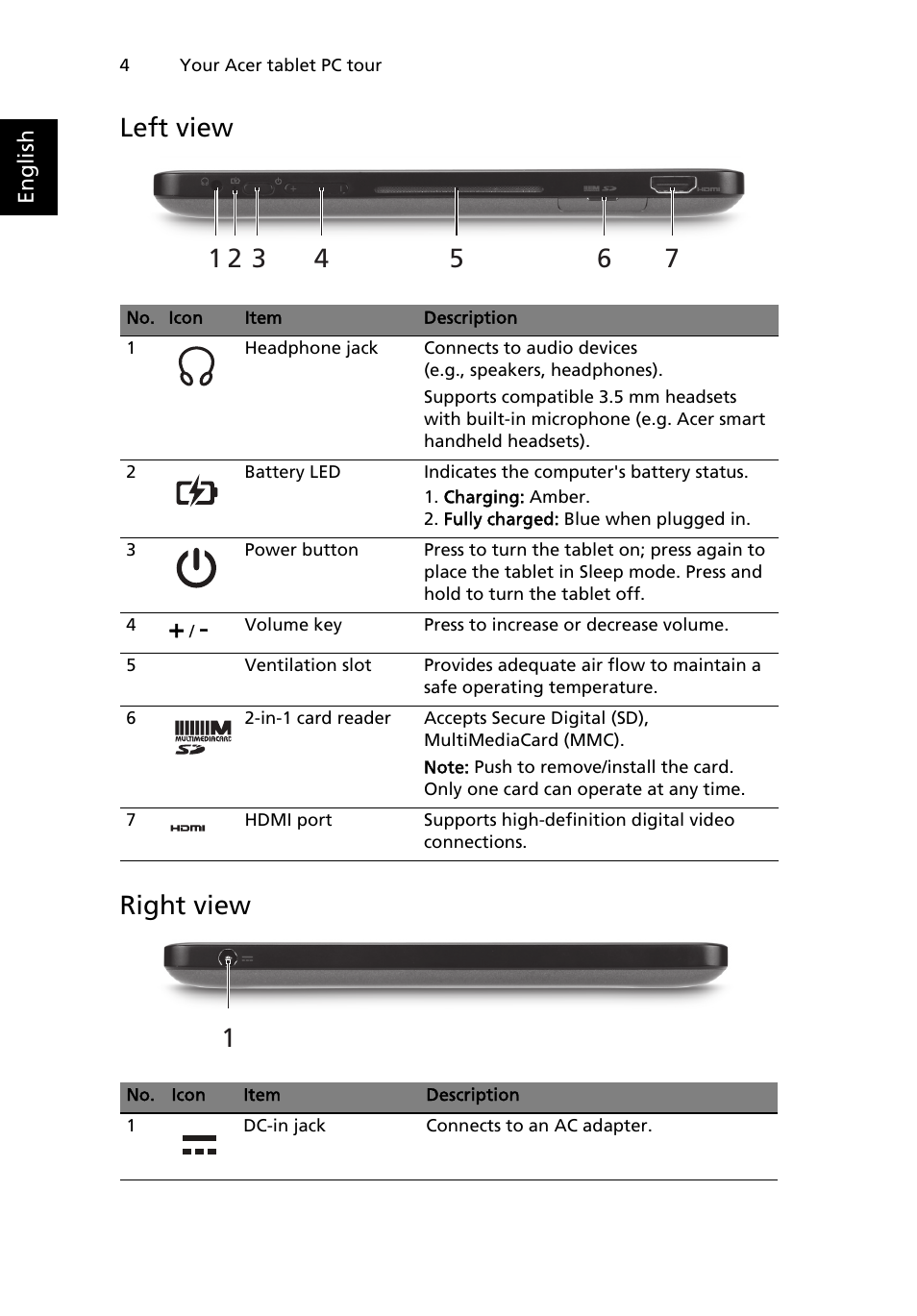 Left view, Right view, Left view right view | Acer W500P User Manual | Page 8 / 32