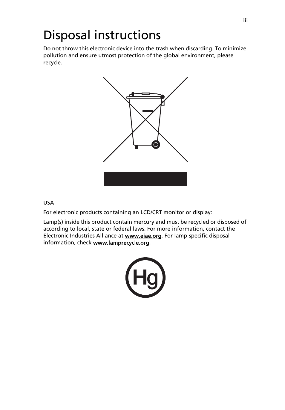 Disposal instructions | Acer TravelMate 4100 User Manual | Page 3 / 76