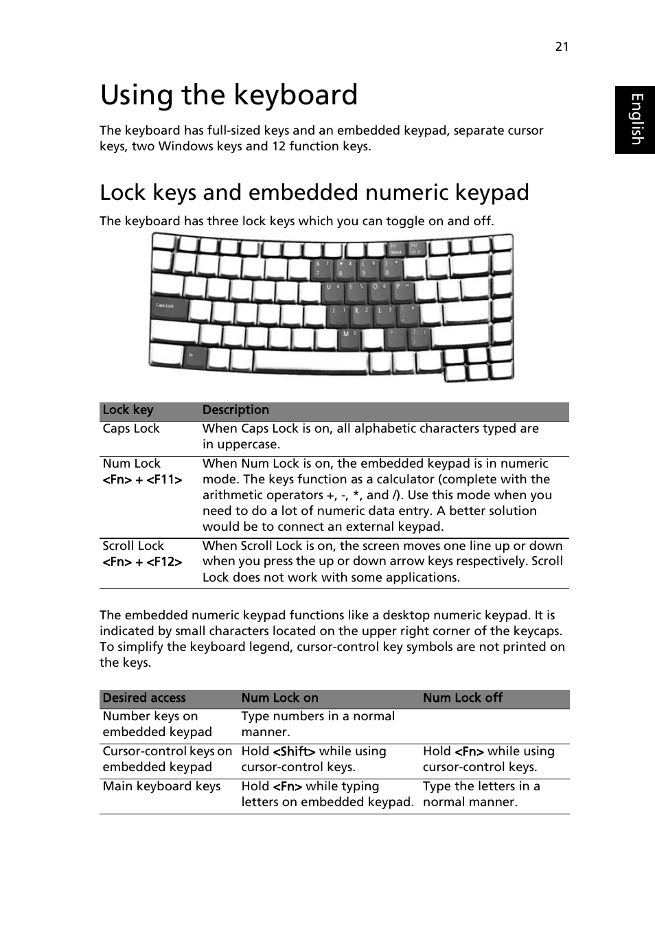 Using the keyboard, Lock keys and embedded numeric keypad, Lock keys and embedded numeric keypad 21 | Acer TravelMate 4100 User Manual | Page 31 / 76