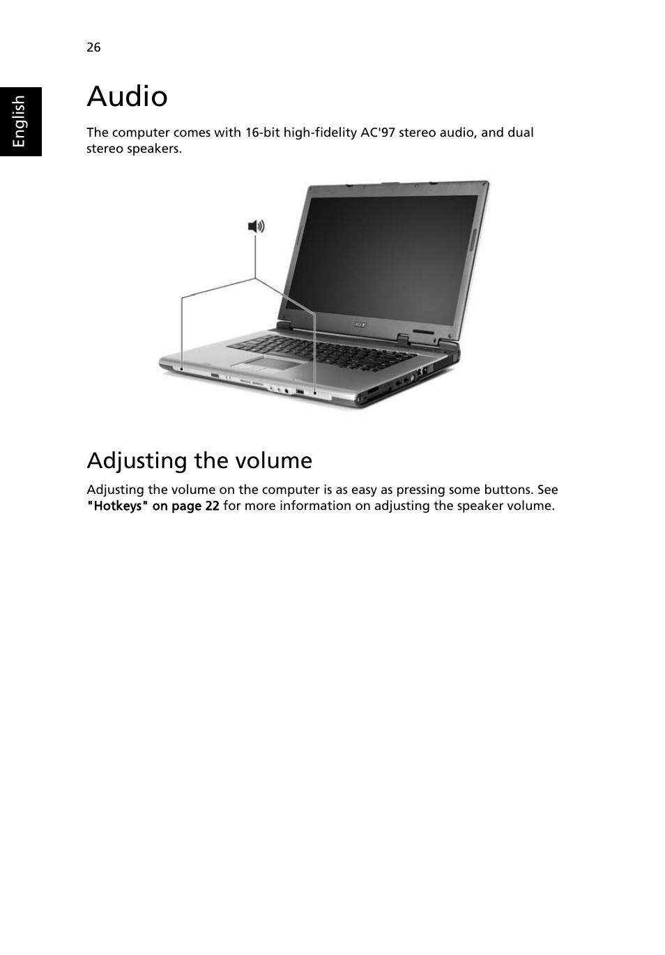 Audio, Adjusting the volume | Acer TravelMate 4100 User Manual | Page 36 / 76