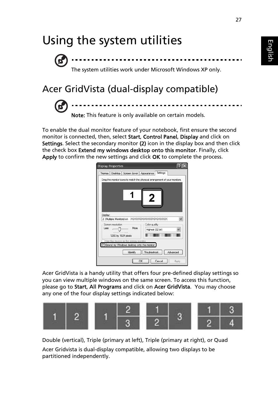 Using the system utilities, Acer gridvista (dual-display compatible) | Acer TravelMate 4100 User Manual | Page 37 / 76