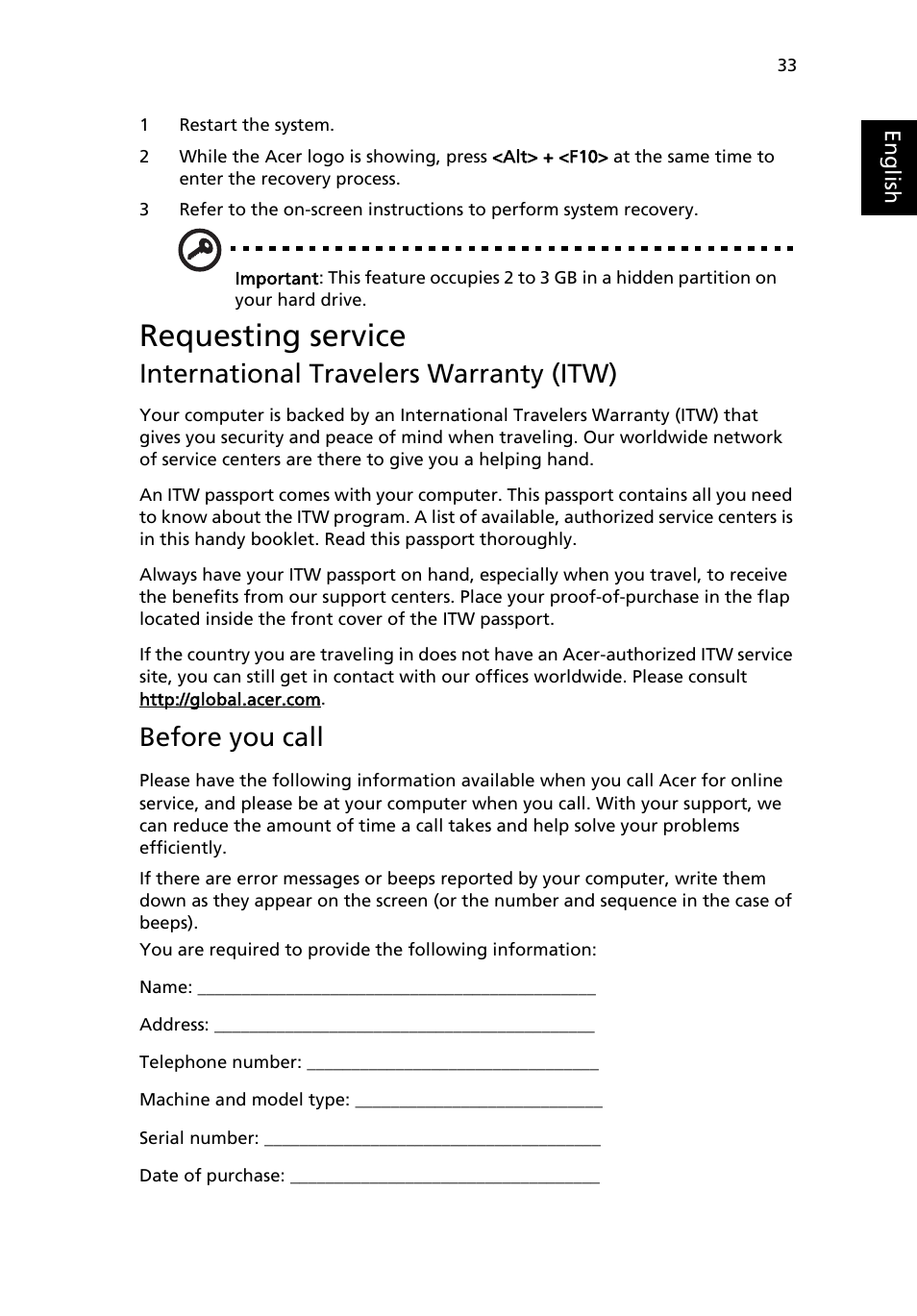 Requesting service, International travelers warranty (itw), Before you call | Acer TravelMate 4100 User Manual | Page 43 / 76