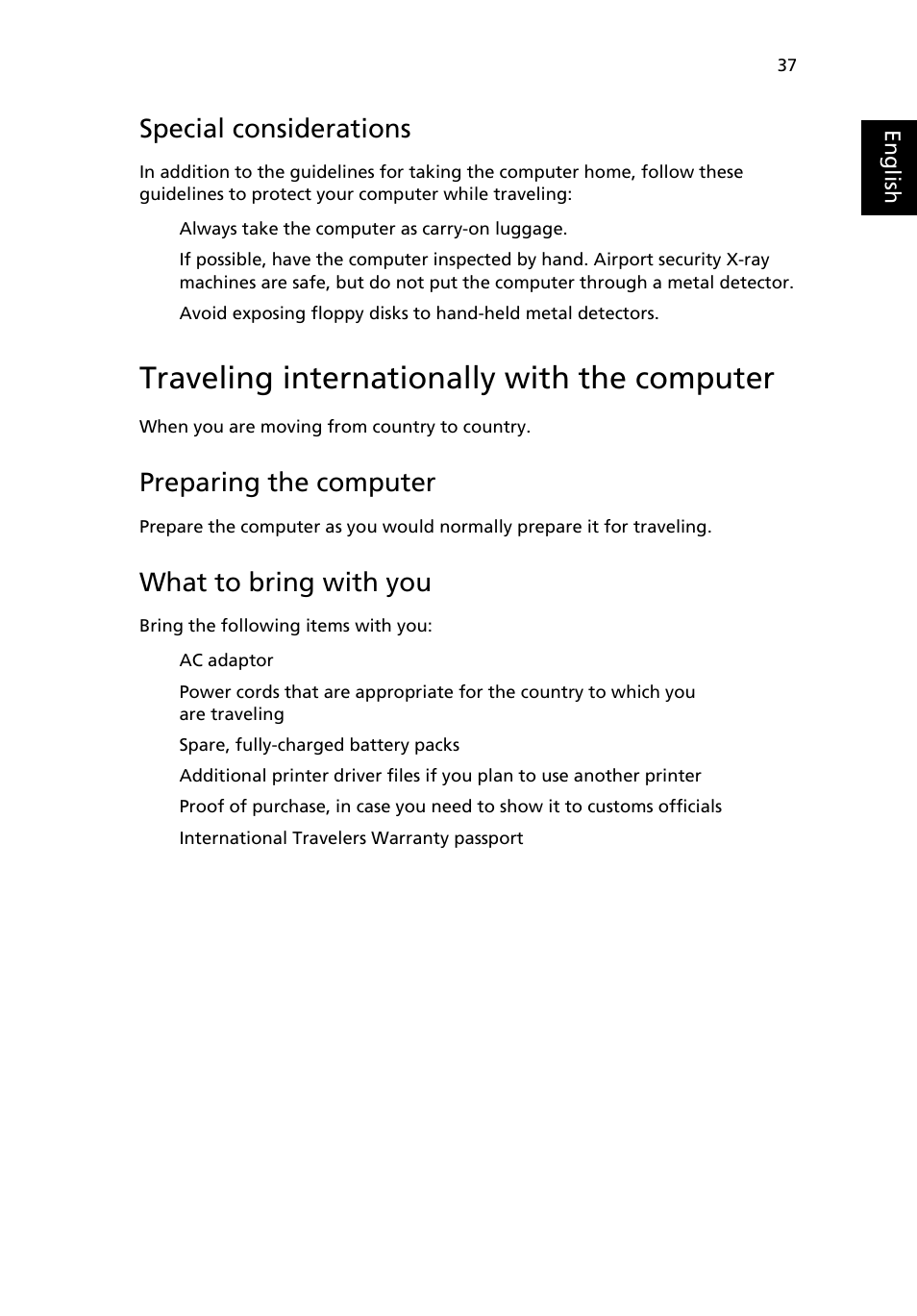 Traveling internationally with the computer, Special considerations, Traveling internationally with the computer37 | Preparing the computer, What to bring with you | Acer TravelMate 4100 User Manual | Page 47 / 76