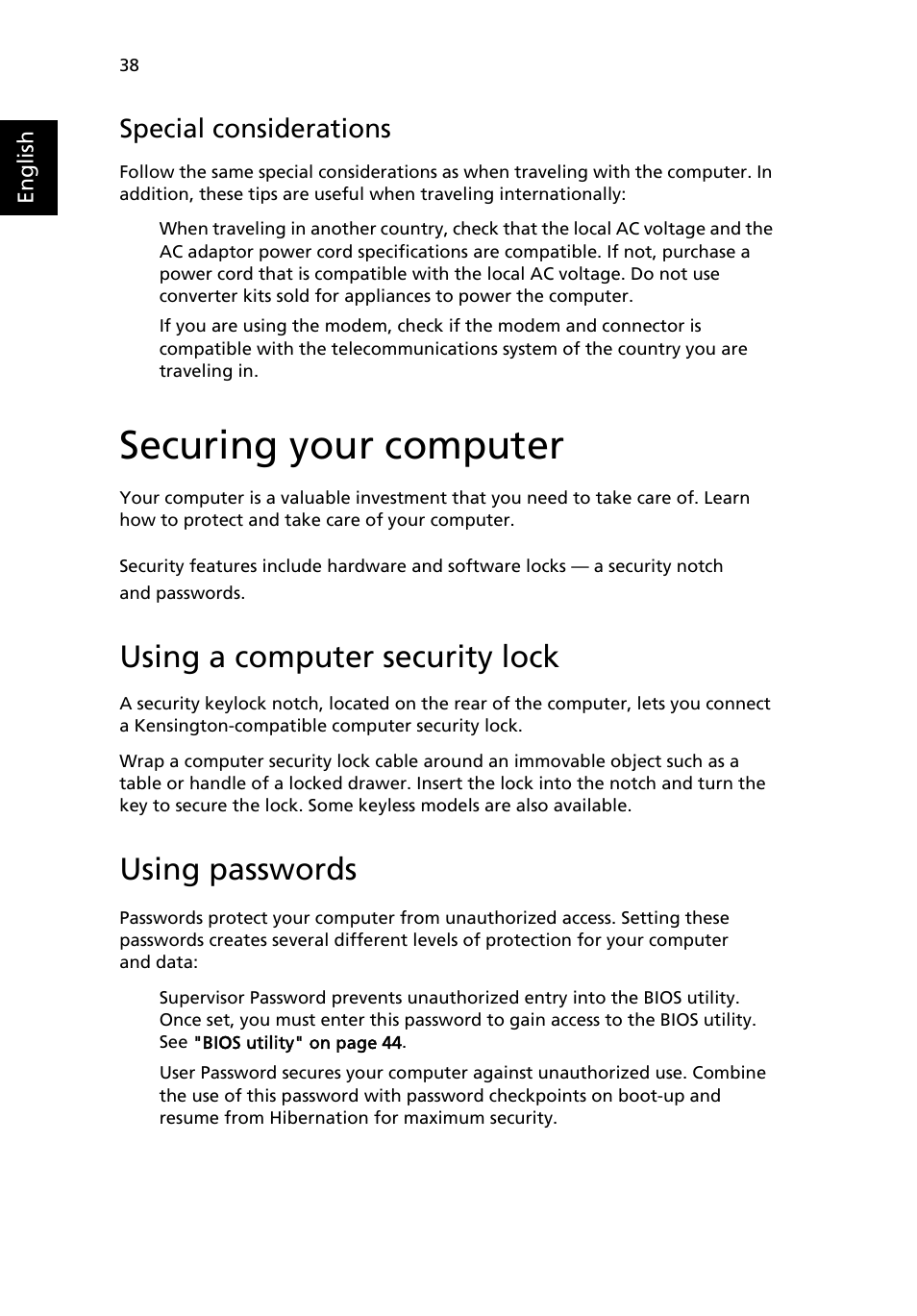 Securing your computer, Using a computer security lock, Using passwords | Special considerations | Acer TravelMate 4100 User Manual | Page 48 / 76